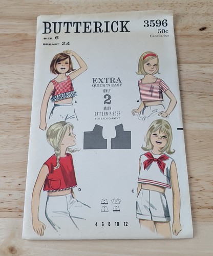 Butterick Pattern GIRLS CROPPED TOP In 4 Versions #3596 Size: 6 ©1965 Cut