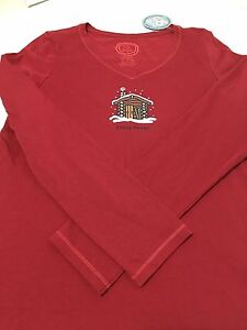 Life Is Good Small Womens CABIN FEVER Long Sleeve V-Neck V Tee SNOW Red New