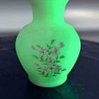 Fenton Uranium Custard Glass Yellow Satin Pink Blossom Vase Paint Flowers Glows