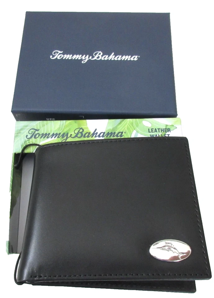 Tommy Bahama Para hombres Delgado Bi Plegable Negro Cuero Genuino Cartera Repujado Marlín Nuevo en Caja Foto 2 de 4