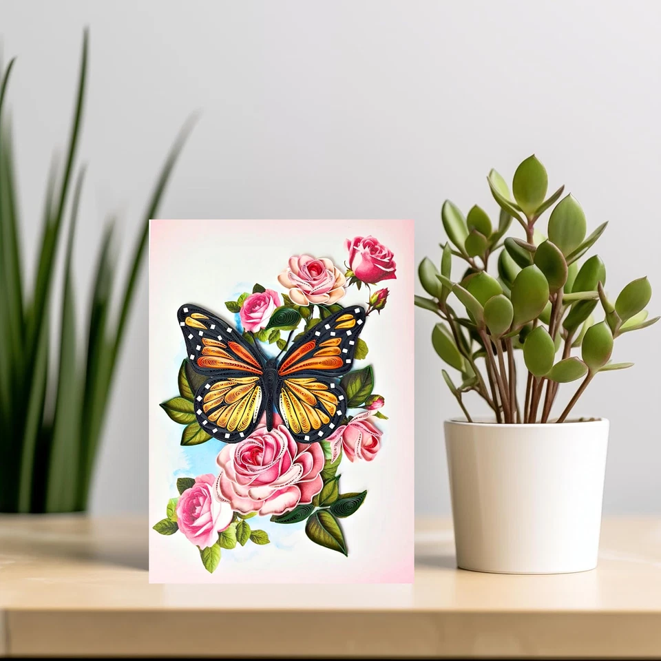 Tarjeta de felicitación Monarch Butterfly Quilling - Arte hecho a mano dedicado único Foto 2 de 4