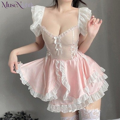 Japanese Maid Uniform Sleepwear Bow Sexy Lingeries Sheer Cosplay Costume