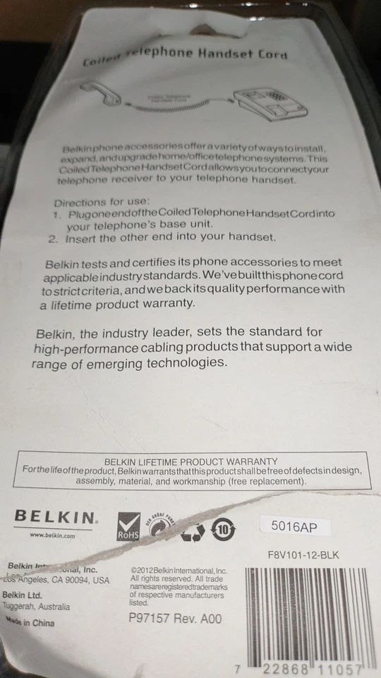 12 英尺黑色 {贝尔金} 卷绕电话听筒线 {F8V101-12-BLK} — 第 2/3 张图片