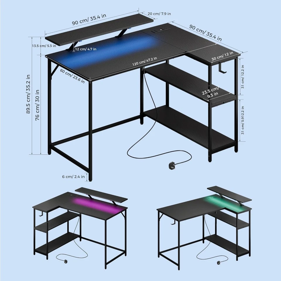 Mondeer L-Shape Gaming Table 120x90cm LED USB Socket Shelf Hooks Black - Image 3 of 4