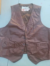 Vtg Sears The Leather Shop Brown Leather Vest Men’s 42 Western Cloth Back USA