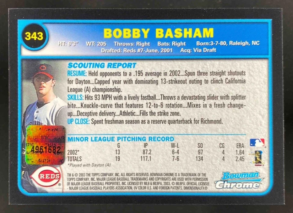Bobby Basham 2003 Bowman Chrome Autograph RC Auto #343 Reds - Image 2 of 4