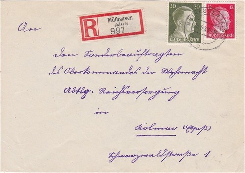 Elsass: Einschreiben Mühlhausen nach Kolmar 1943