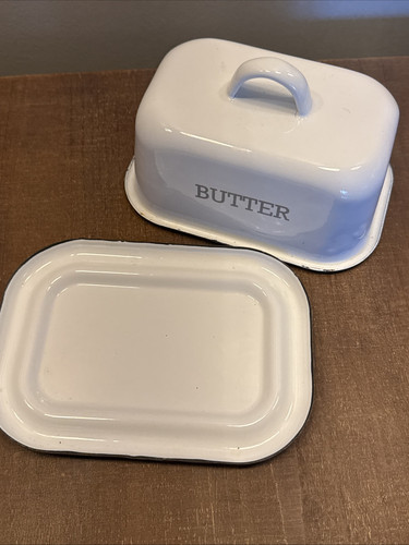Farmhouse Enamelware Covered Butter Dish White Black Trim Retro Style 1 lb - Picture 3 of 7