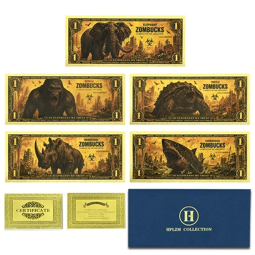 5PCS Zombucks Gold Foil Banknotes Animal Apocalypse Fantasy Collectible Set
