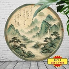 Asian Landscape Round Medieval Tin Sign Vintage Oriental Wall Art Plaque