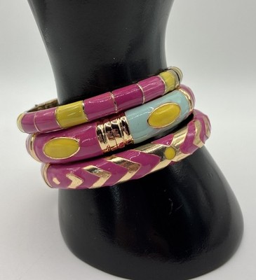Bracelet Lot Jiu Long Xing Bangle Hinge Pink Yellow Gold Tone Enamel Stack Set