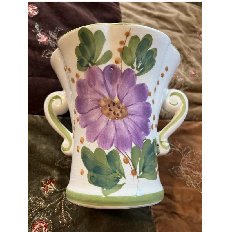 Hand Painted Portugal Floral Ceramic Mug 28 fl oz White Purple Green