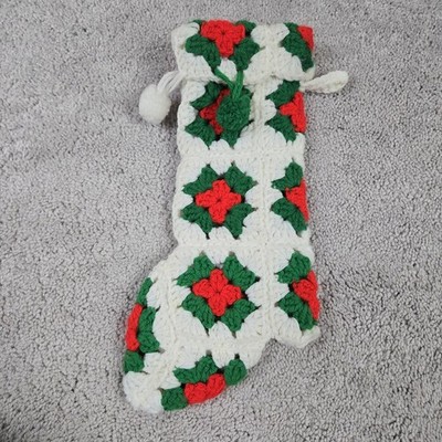 VINTAGE Handmade Crocheted  GRANNY SQUARES  Christmas Stocking Decor Cottagecore