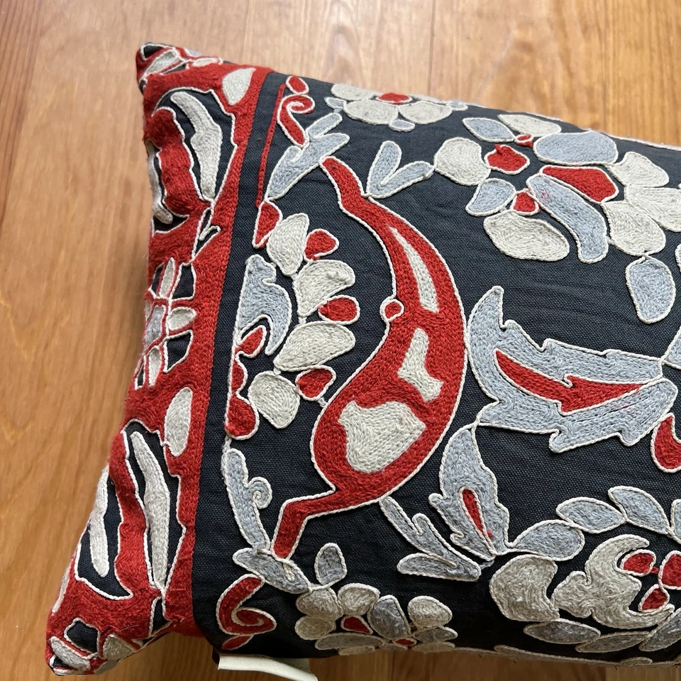 Cynthia Rowley Pillow Cover Insert Lumbar Blue Red Embroidered Floral Home 12x26 - Image 4 of 4