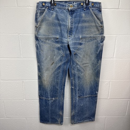 Vintage Carhartt B-07 DNM Blue Amazing FADED Distressed Double Knee Pant 38x32 - Bild 1 von 19