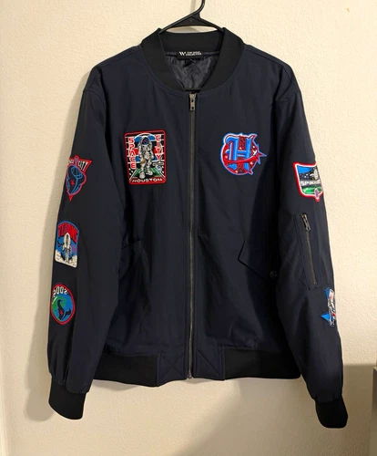 The Wild Collective Men's Texans Black Space City Bomber Jacket Satin Full Zip - product listing photo
