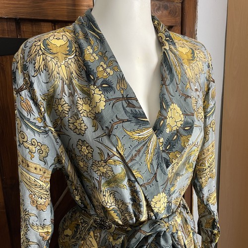 One Hundred Stars Damen grau blau Blatt Paisley Kimono Gürtel lang Morgenmantel Kleid - Bild 2 von 11