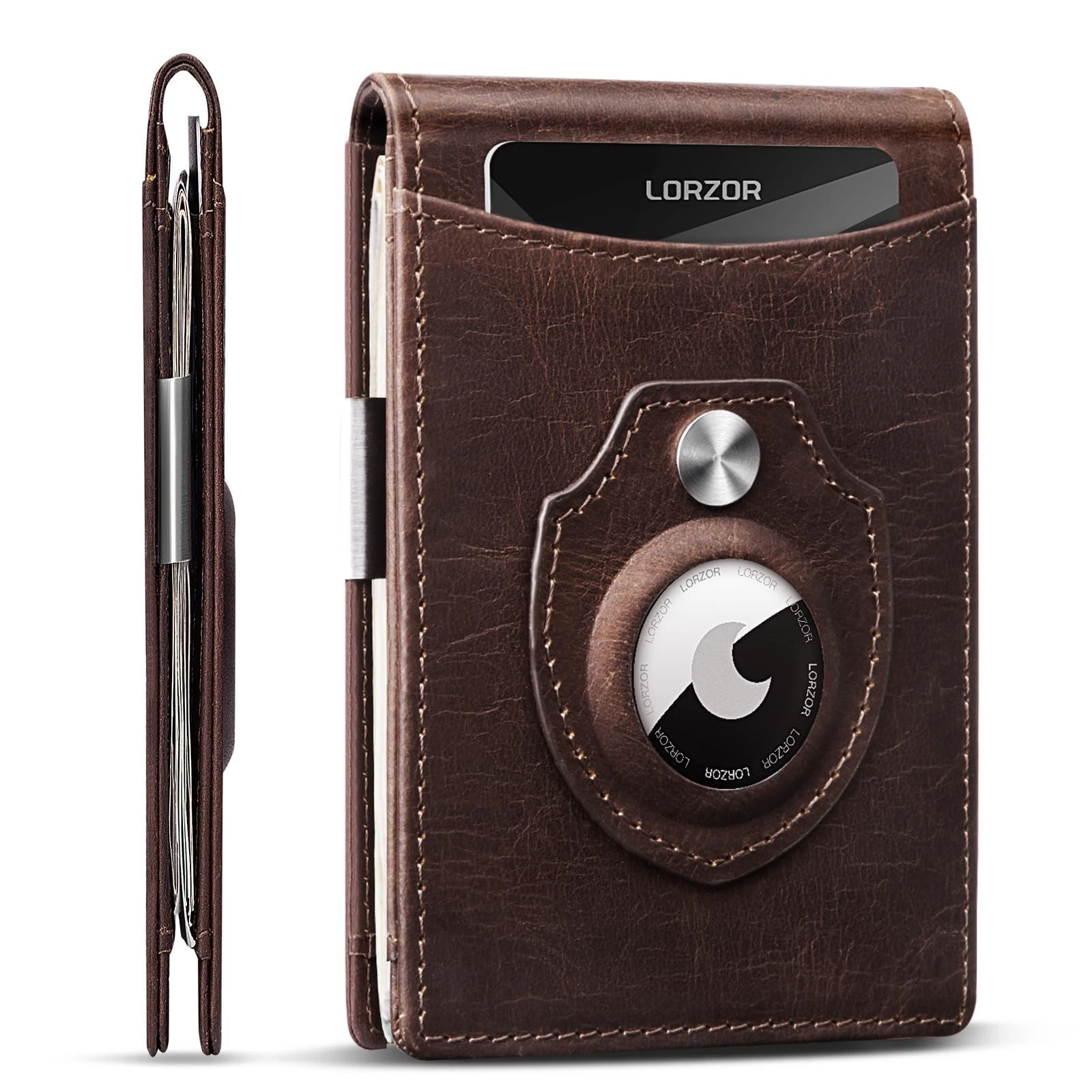 AirTag Portefeuille avec Pince à Monnaie   Portefeuilles Homme en Cuir Plein Grain Bifold, Slim...