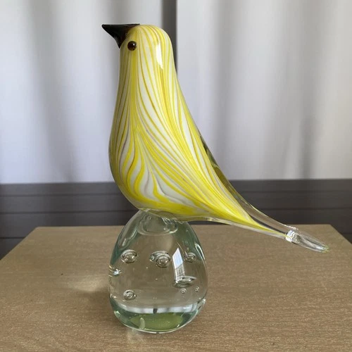 Vintage Art Glass Bird Figurine Yellow Swirl Murano Style 7” Tall Paperweight