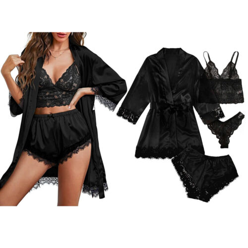 Sexy Women's Satin Silk Lace Pyjamas Lingerie Nightwear Outfit Kimono Nightgown - Picture 9 of 30