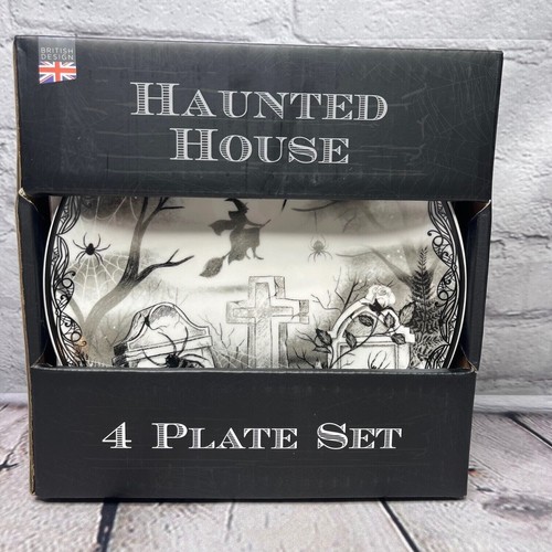 Eaton Haunted House Halloween Plates Set of 4 NIB Snake Witch Skeleton Ghost - Picture 2 of 3