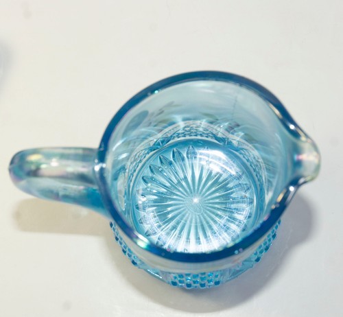 Fenton Button Arch Cream Pitcher Iridescent Blue Hand Painted Floral Art Glass - Picture 9 of 10