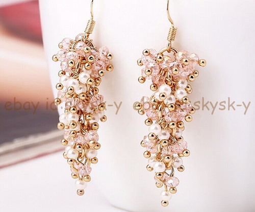 4mm Round White Shell Pearl 3x4mm Faceted Pink Crystal Dangle Gold Hook Earrings - Picture 1 of 6
