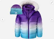 SNOZU GIRLS PUFFER FLEECE LINED JACKET COAT/KNIT HAT PURPLE/TURQ 5 NWT