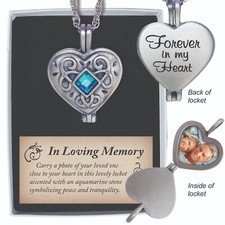 Forever in My Heart Photo Locket with Aqua Stone on 24" Chain, Memorial Pendant