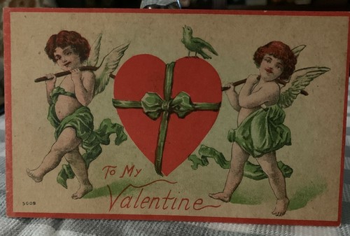 Vintage TO MY VALENTINE TWO CHERUBS HOLD LARGE HEART BLUE BIRD POSTCARD - Picture 1 of 4