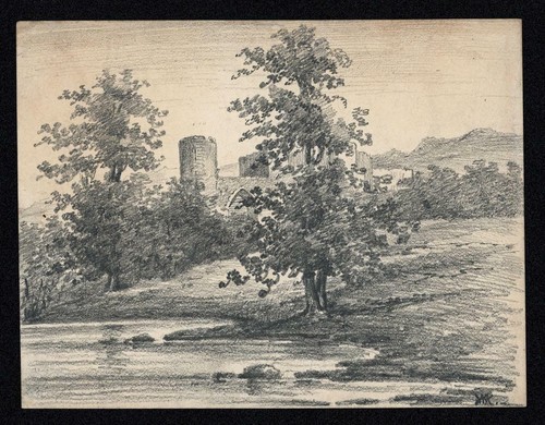CASTLE IN LANDSCAPE - Small Antique Pencil Drawing - 19TH CENTURY - Photo 3 sur 3