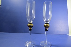 Crystal-Champagne-Flutes-w-Gold-Painted-Stem-Decoration-Set-of-2