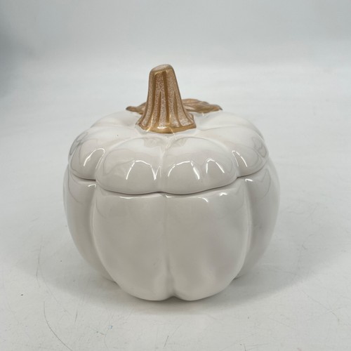 Pier 1 Gold White Pumpkin Ceramic Dish/ soup Bowl Jar with Lid Halloween Fall - Bild 2 von 8
