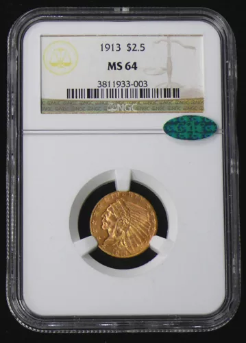 1913 MS-64 CAC GOLD $2.5 INDIAN - NGC CAC GRADED INDIAN - SEE PICTURES