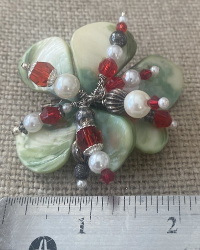 Handmade Brooch Pin, Christmas Ruby Red Crystals, Green Petals, Pearls Silver - Picture 6 of 6