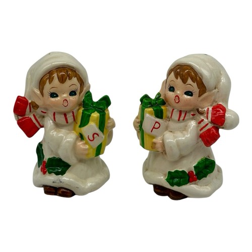 2 Vintage Ceramic Singing Christmas Elves W/ Presents Salt & Pepper Shakers 3.5”
