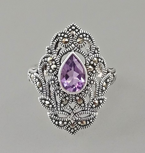 9923569-d Ring 925er Silber Amethyst violett Markasiten Gr.57 vintage - Picture 2 of 4