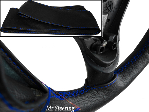For Renault Megane MK1 Black Italian Leather Steering Wheel Cover Blue Stitching - Picture 2 of 2