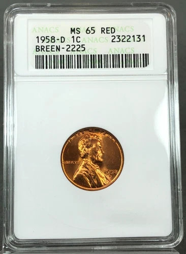 1958-D Lincoln Cent ANACS MS65 Red (OLD HOLDER) Breen-2225