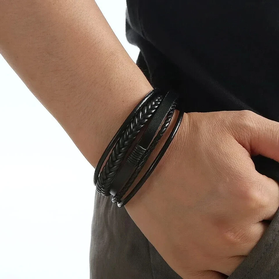 Armband Schmuck Schwarz Herren Mann Männer Leder Mode Lederarmband Style - Bild 2 von 2
