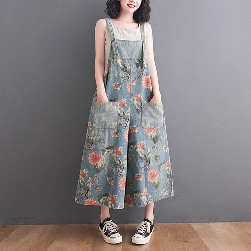 Womens Oversized Blue Floral Wide Leg Cropped Denim Overalls US Size - Bild 11 von 11