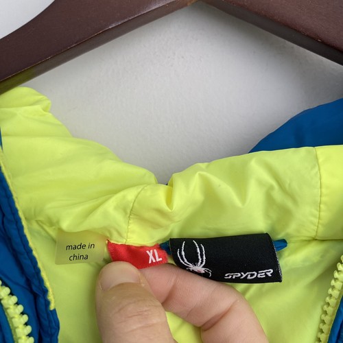 SPYDER Youth Boys XL Blue Neon Yellow Long Sleeve Full Zip Hooded Puffer Jacket - Picture 3 of 7