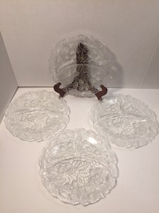 Indiana-Glass-Set-Of-Four-3-Compartment-Section-Strawberry-Leaf-Luncheon-Plates