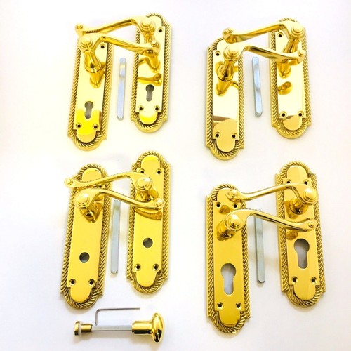 Polished Brass Georgian Style SHAPED Door Handles Lever Lock,Latch,Bathroom,Euro - Picture 1 of 5