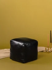 BBH HOMES HANDMADE ECO-FRIENDLY SQUARE SHAPED STUFFED BUFFALO LEATHER BLACK POUF