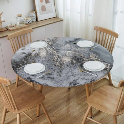 Marble Texture Oilproof Table Cover Fitted Abstract Art Backing Edge Tablecloth - Picture 15 of 45