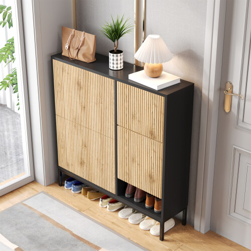 Schuhschrank mit Schuhwechselhocker, Schuhregal mit drei Klappen und offener Abl - Bild 13 von 24