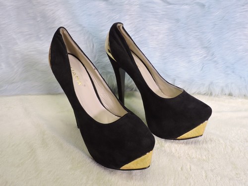 Liliana Black Suede platforms with gold accents Size Womens 10 Mens 8.5 - Picture 10 of 15