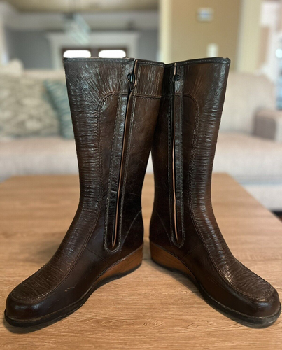 Vintage Leather Boots Wedge Heel Brown Size 9 Made In The USA - Picture 4 of 9