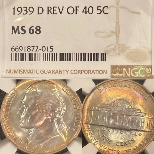1939-D Rev. 40’ MS68 TONED NGC Jefferson Nickel 5c TOP POP 1/0 KEY-DATE RARITY